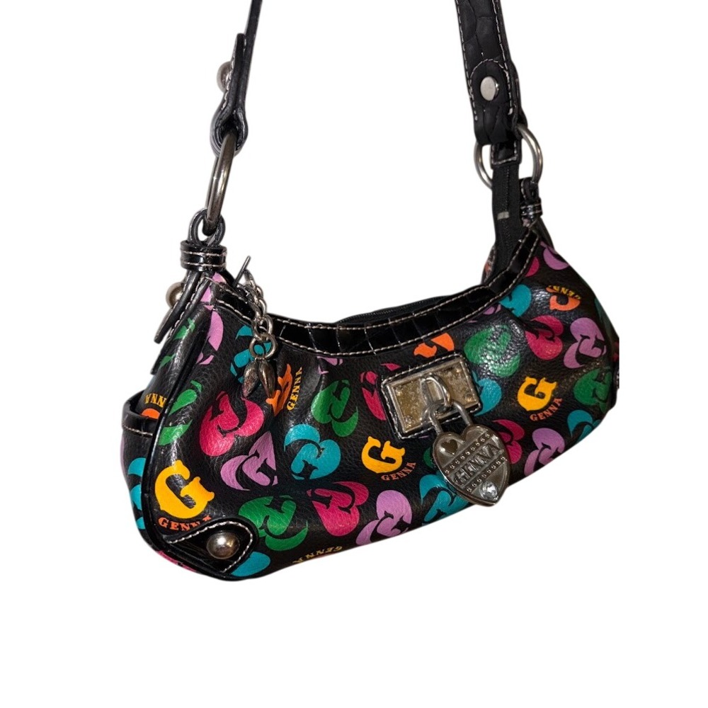 Genna de Rossi Y2K Black Multi Color Logo Heart Lock Shoulder Bag Baguette Purse